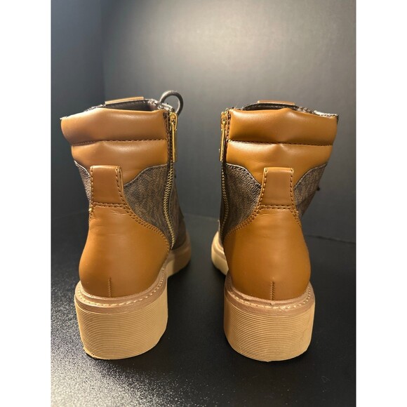 Michael Kors MK Monogram Combat Boots Brown Lace-Up Ankle Booties 6.5M - Picture 4 of 10